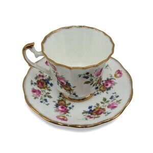 Vintage ELIZABETHAN Tea Cup And Saucer Gold Trim Scalloped Pink Flowers
